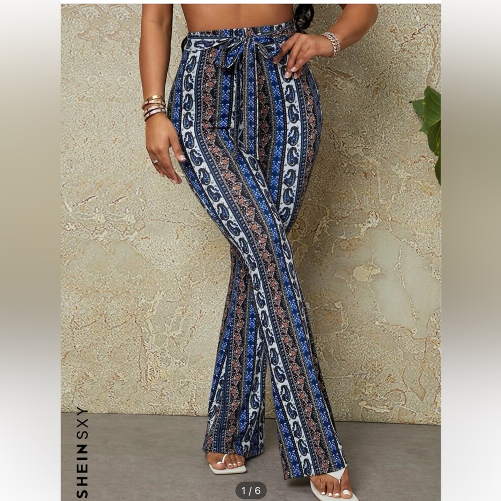 SHEIN floral & paisley print knot front flare pants